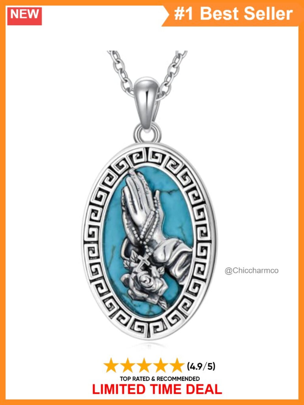 925 Sterling Silver Praying Hands Cross Necklace with Natural Turquoise Pendant
